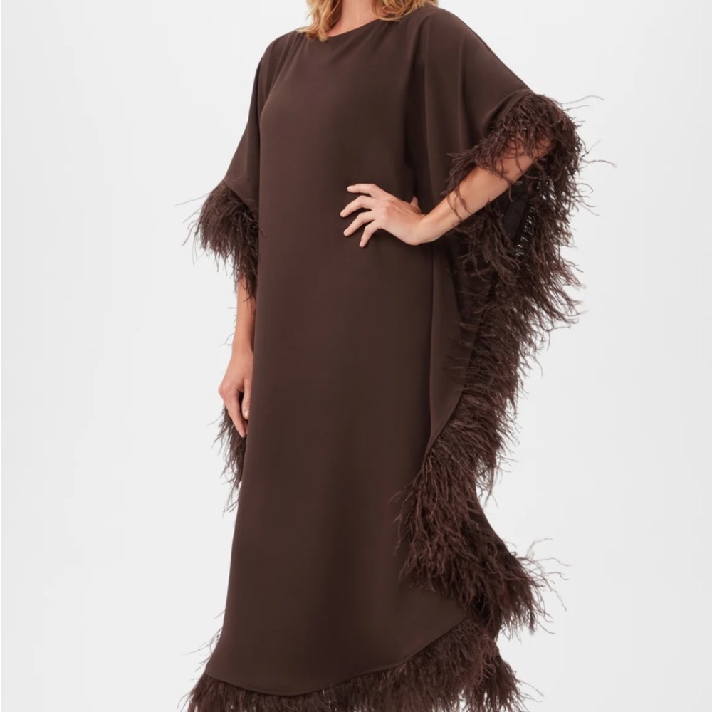 Trina Turk Brown Maxi Dress with Feather Trim never worn perfect for fall